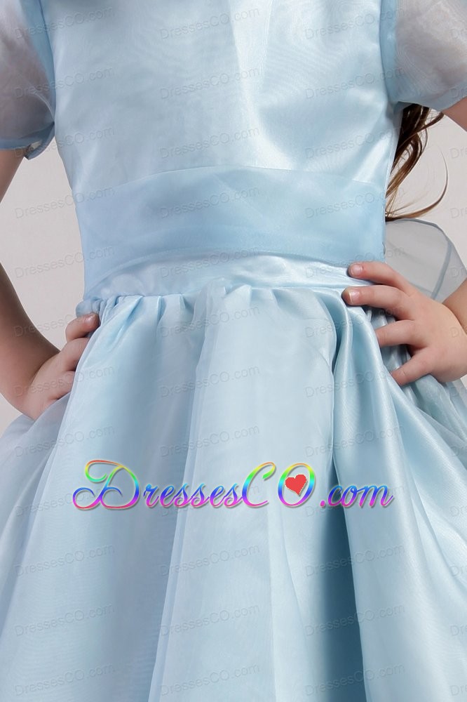 Blue A-line Scoop Knee-length Organza Bowknot Little Girl Dress
