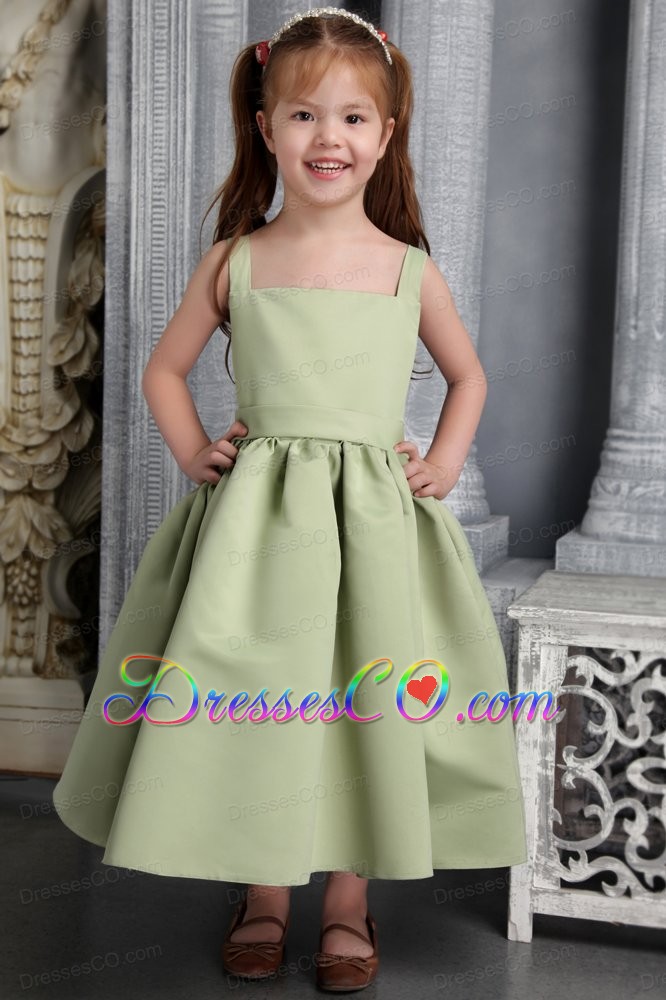 Olive Green A-line Straps Tea-length Satin Belt And Bowknot Little Girl Dress