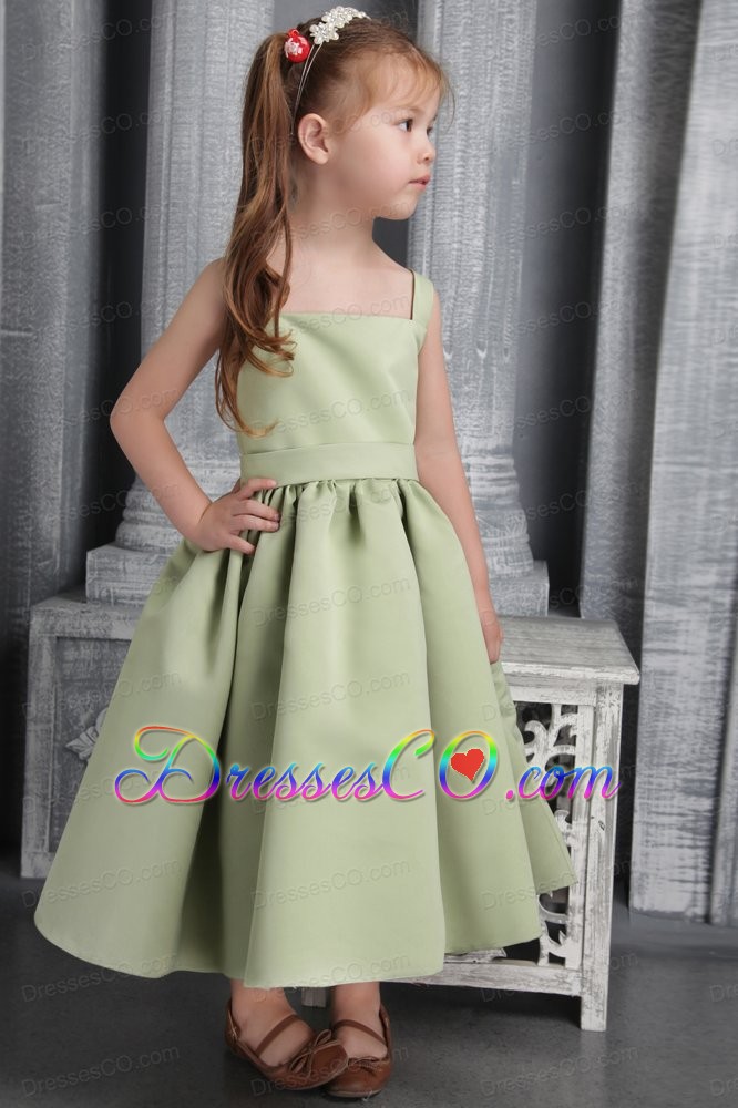 Olive Green A-line Straps Tea-length Satin Belt And Bowknot Little Girl Dress