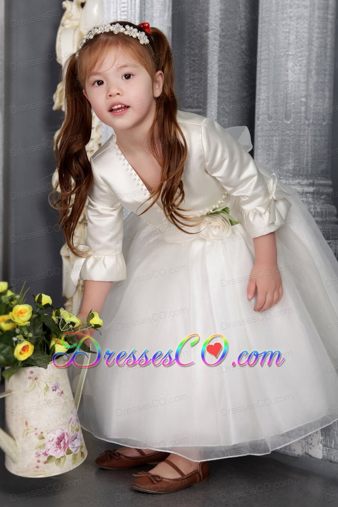 White A-line / Princess Scoop Tea-length Organza Sash Flower Girl Dress