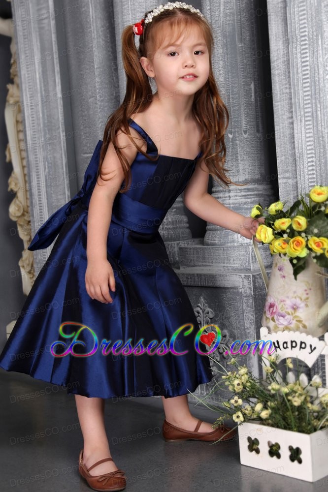 Navy Blue A-line / Princess Straps Tea-length Satin Bow Flower Girl Dress