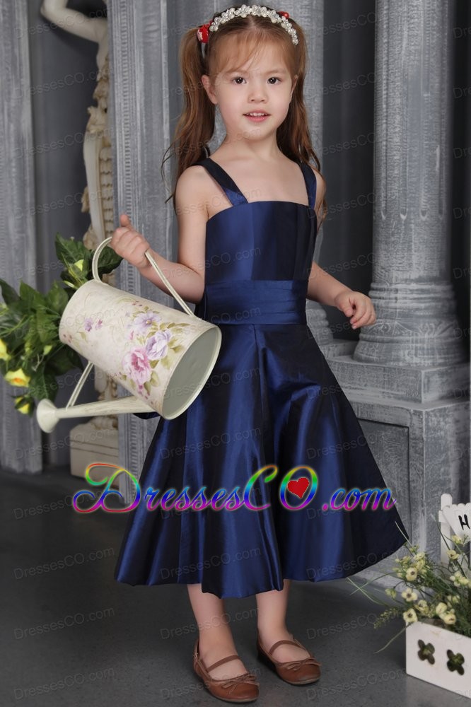 Navy Blue A-line / Princess Straps Tea-length Satin Bow Flower Girl Dress