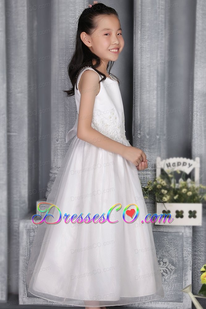White A-line / Princess Scoop Ankle-length Organza Appliques Flower Girl Dress