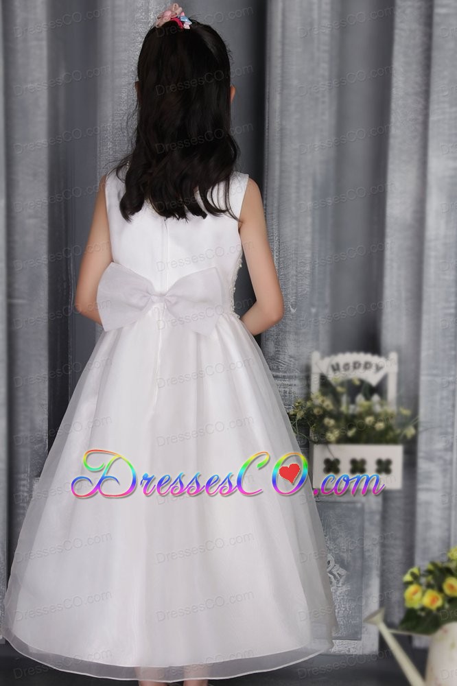 White A-line / Princess Scoop Ankle-length Organza Appliques Flower Girl Dress