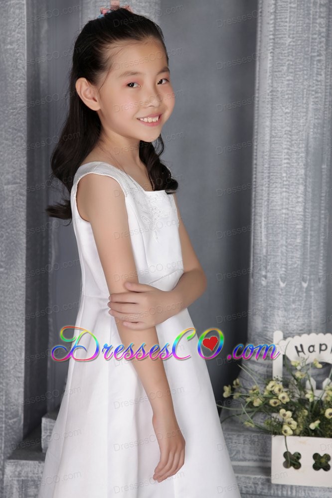 White A-line / Princess Square Long Satin Embroidery Flower Girl Dress