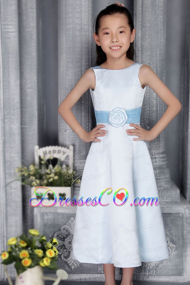 Light Blue A-line / Princess Scoop Tea-length Satin Belt Flower Girl Dress