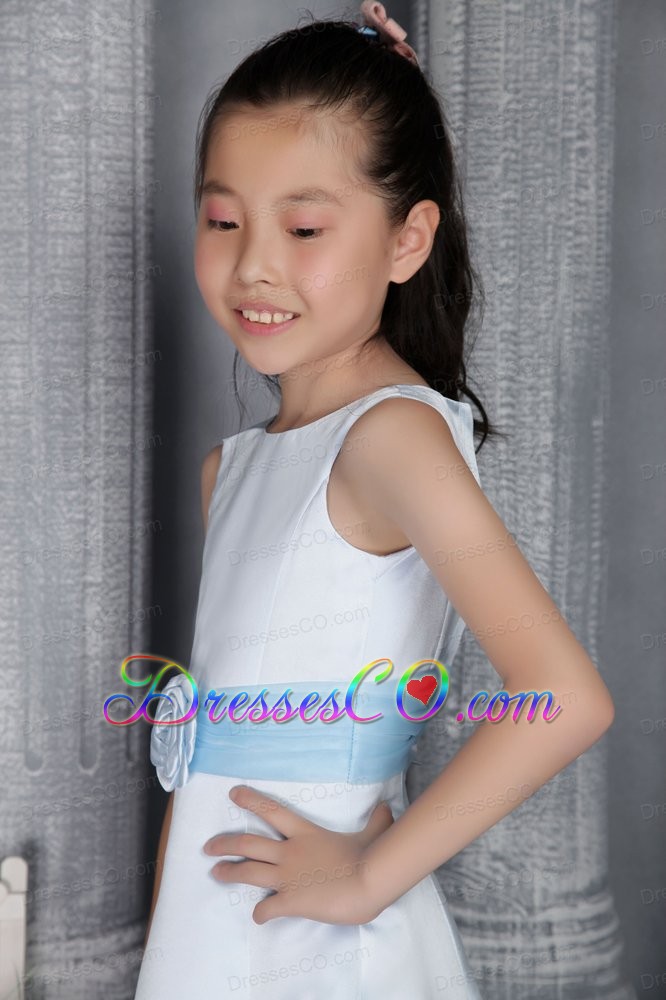 Light Blue A-line / Princess Scoop Tea-length Satin Belt Flower Girl Dress
