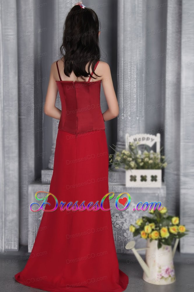 Wine Red Column Straps Brush Train Satin Beading Flower Girl Dress