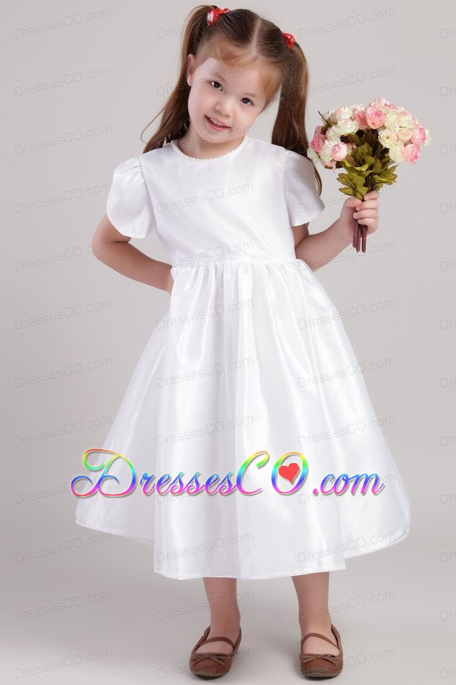 White A-line / Princess Scoop Tea-length Taffeta Flower Girl Dress