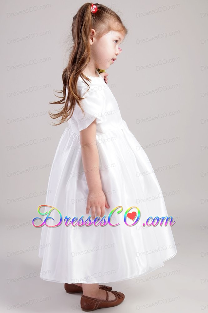 White A-line / Princess Scoop Tea-length Taffeta Flower Girl Dress