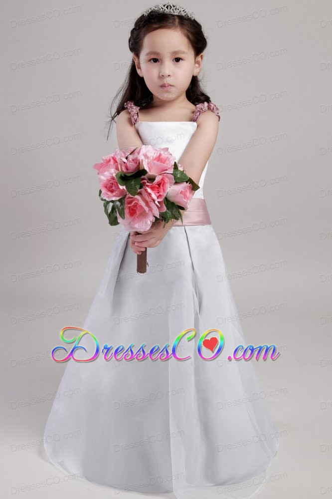 White A-line Straps Long Taffeta And Organza Hand Made Flowers Flower Girl Dress
