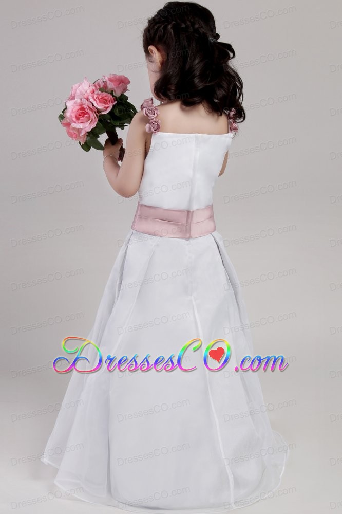White A-line Straps Long Taffeta And Organza Hand Made Flowers Flower Girl Dress