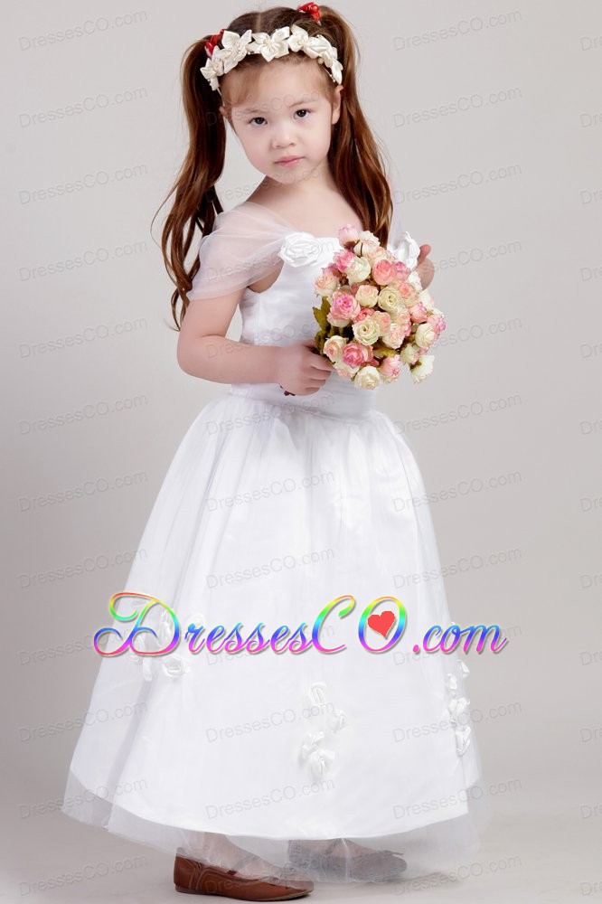 White A-line Straps Ankle-length Taffeta And Tulle Hand Made Flowers Flower Girl Dress