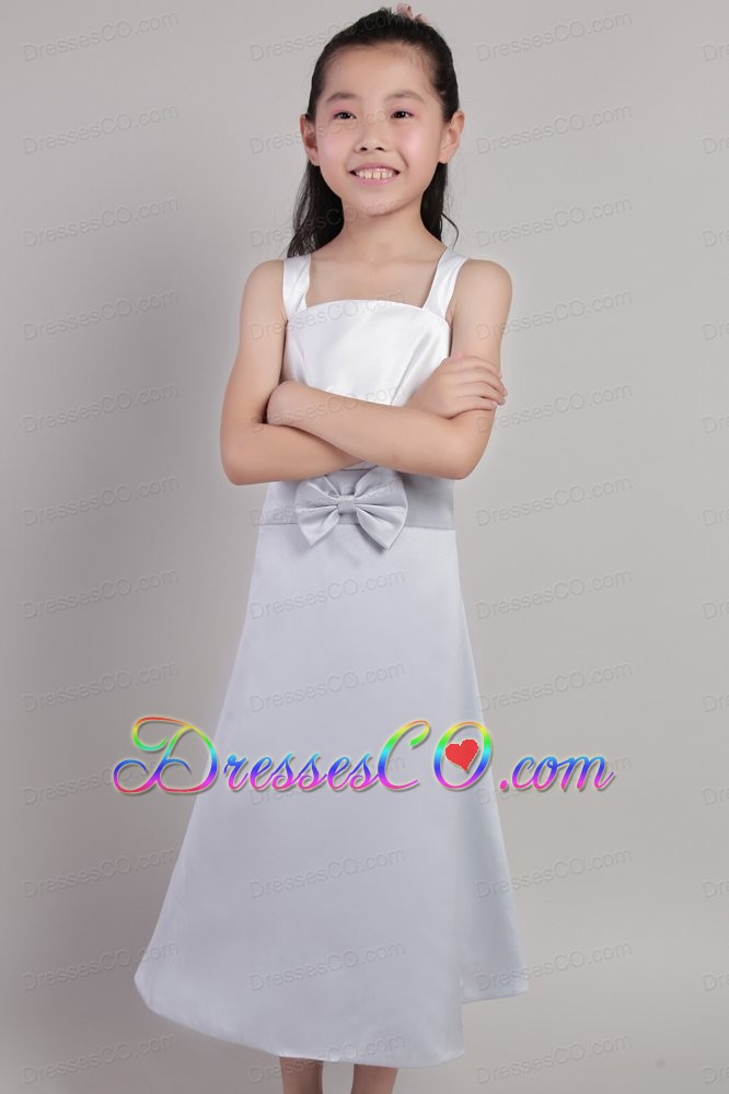 White And Lilac A-line Straps Tea-length Taffeta Bow Flower Girl Dress