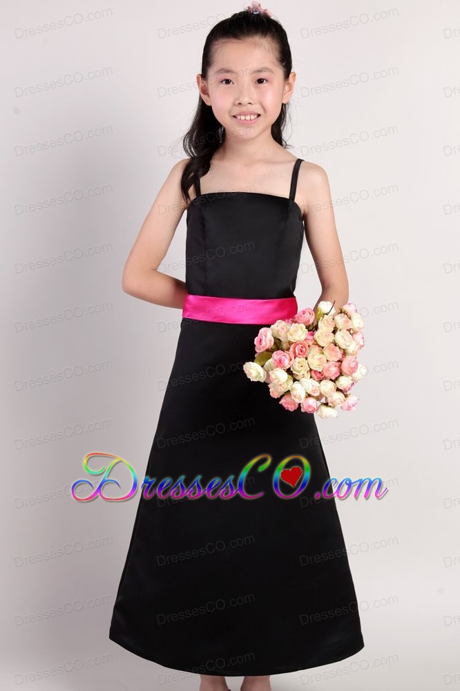 Black A-line Straps Ankle-length Taffeta Sash Flower Girl Dress