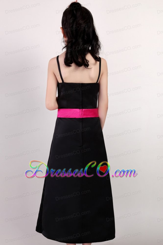Black A-line Straps Ankle-length Taffeta Sash Flower Girl Dress