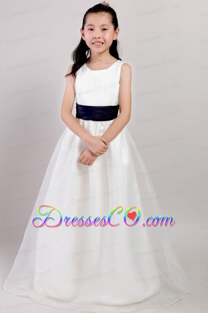 White A-line Scoop Long Organza Belt Little Girl Dress