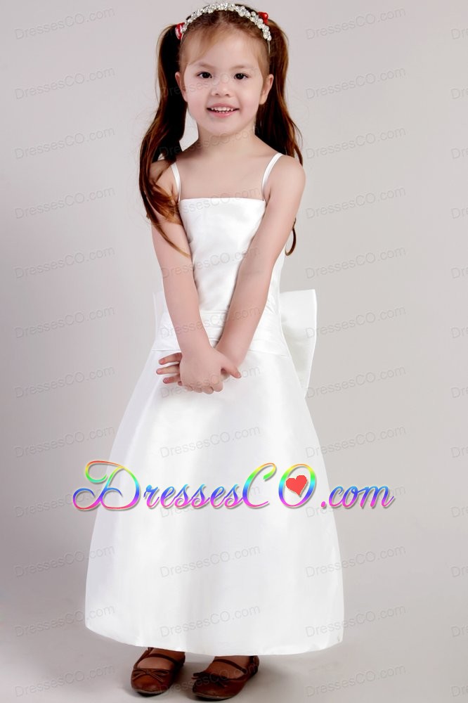 White Column Straps Ankle-length Satin Bowknot Little Girl Dress