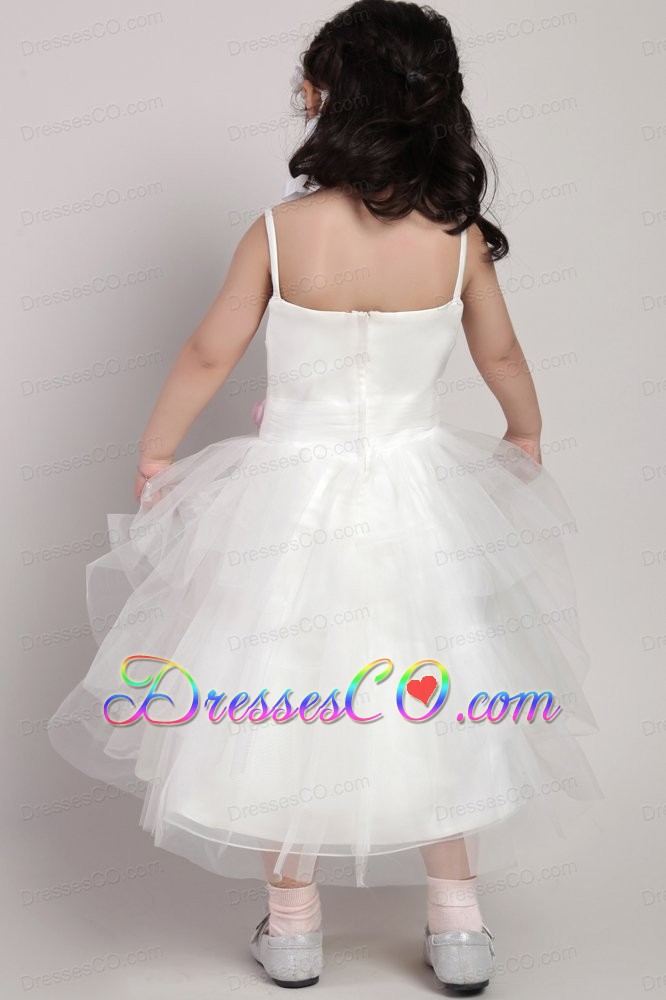 White A-line Straps Tea-length Tulle Hand Made Flower Little Girl Dress