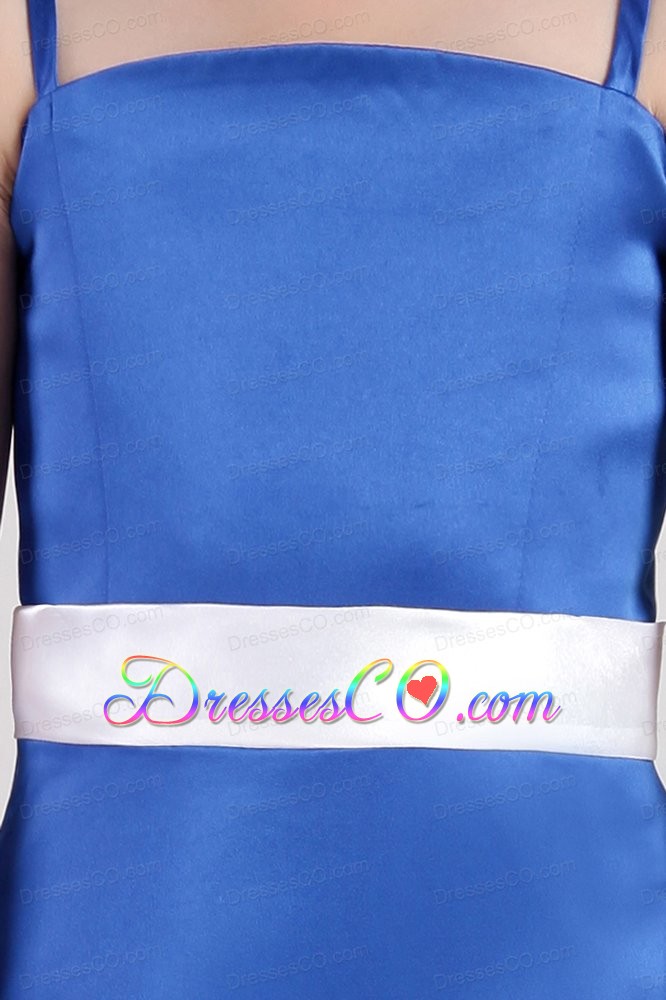 Blue A-line Straps Ankle-length Satin Belt Little Girl Dress
