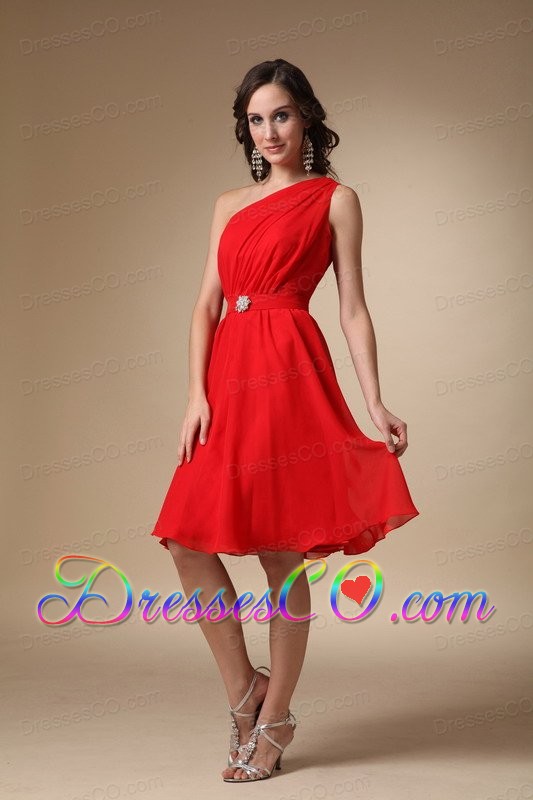 Red A-line One Shoulder Knee-length Chiffon Beading Prom Dress