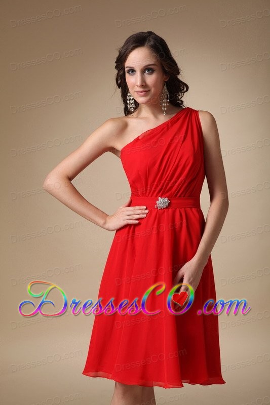 Red A-line One Shoulder Knee-length Chiffon Beading Prom Dress