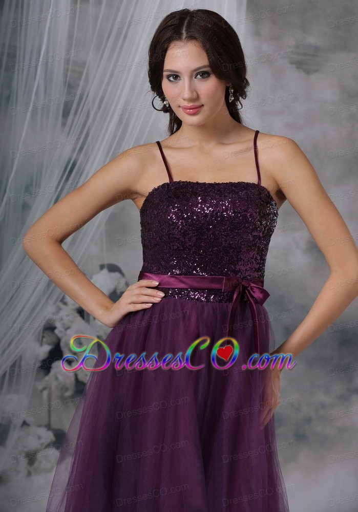 Purple A-line / Princess Spaghetti Straps Knee-length Tulle Paillette Prom Dress