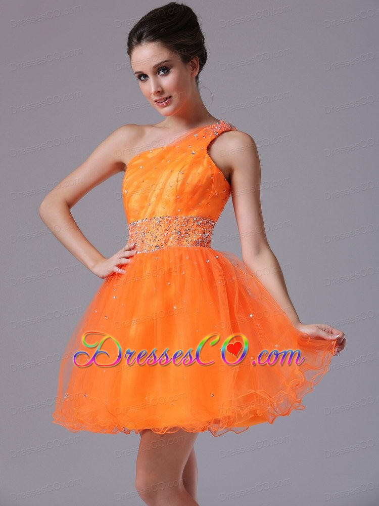 Pretty Orange Beaded Decorate Waist Organza One Shoulder Mini-length Cocktail Dress