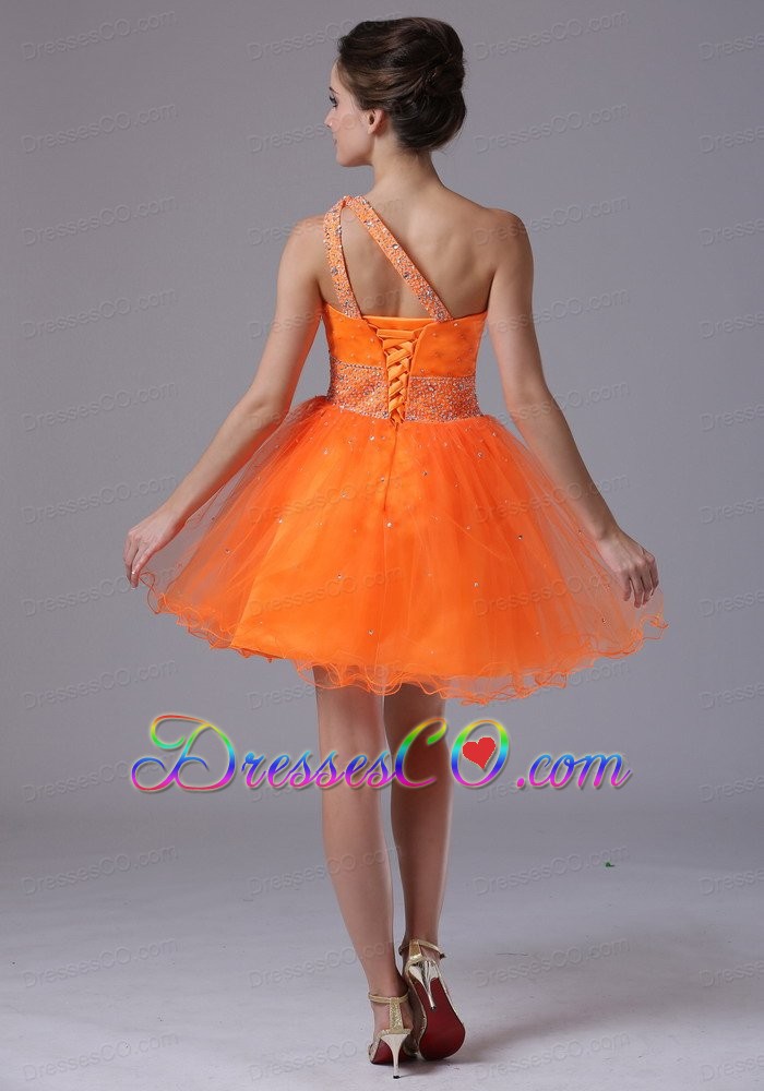Pretty Orange Beaded Decorate Waist Organza One Shoulder Mini-length Cocktail Dress
