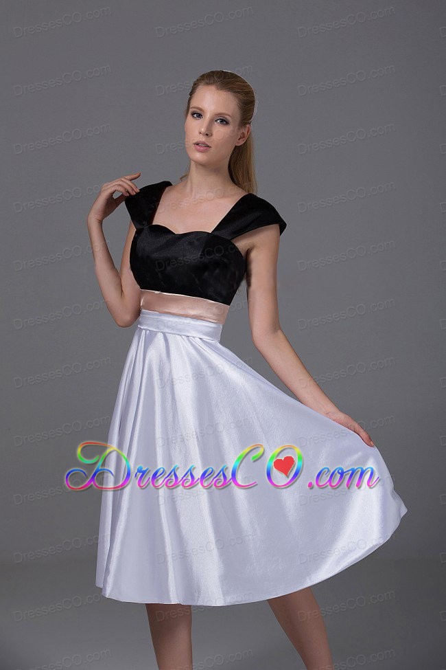 White And Black Satin Knee-length Prom Dress Cap Sleeves