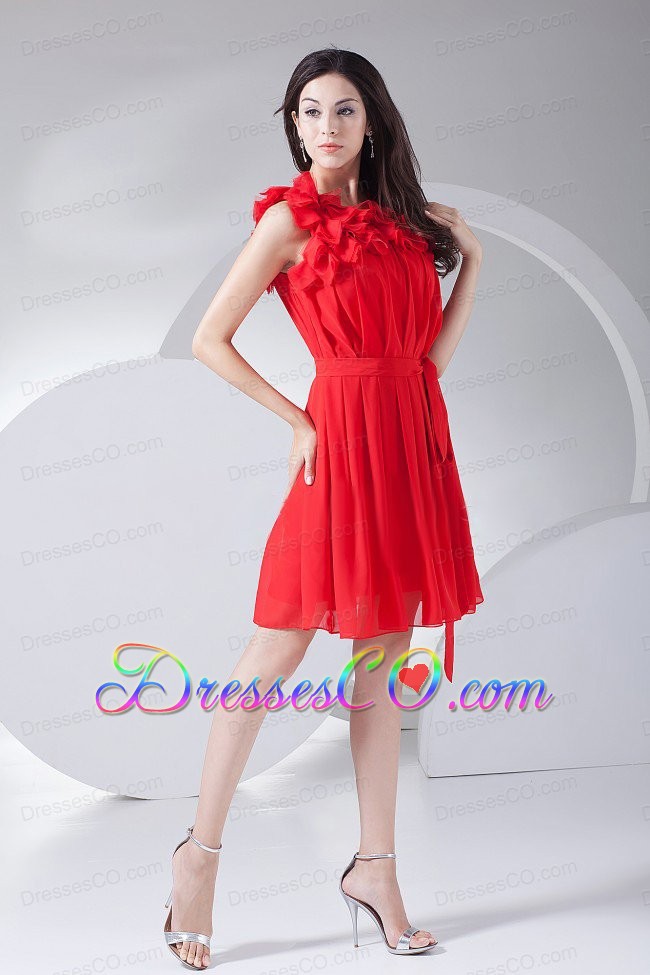Hand Made Flowers Decorate Bodice Red Chiffon Knee-length Prom Dress