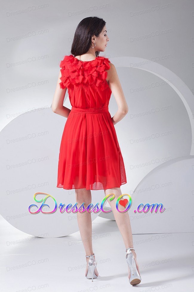 Hand Made Flowers Decorate Bodice Red Chiffon Knee-length Prom Dress
