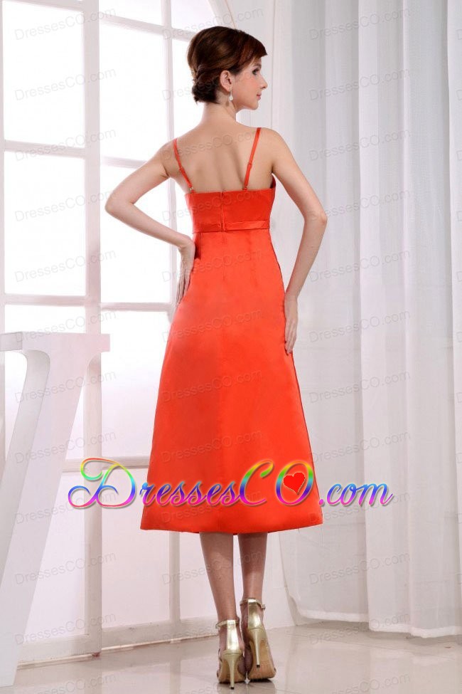 Spaghetti Straps Tea-length Column Orange Red Prom Dress Taffeta