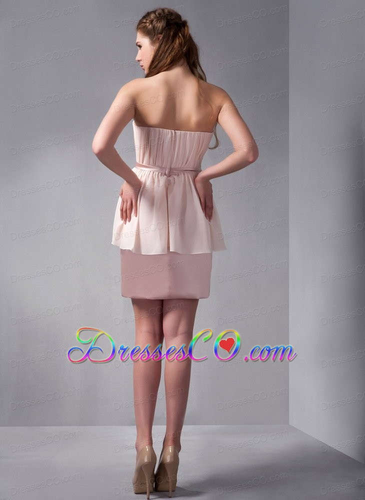 Pink Column Mini-length Chiffon And Taffeta Ruched Prom Dress