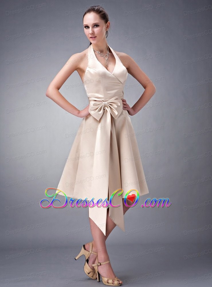 Champagne A-line / Princess Halter Tea-length Satin Sash Bridesmaid Dress