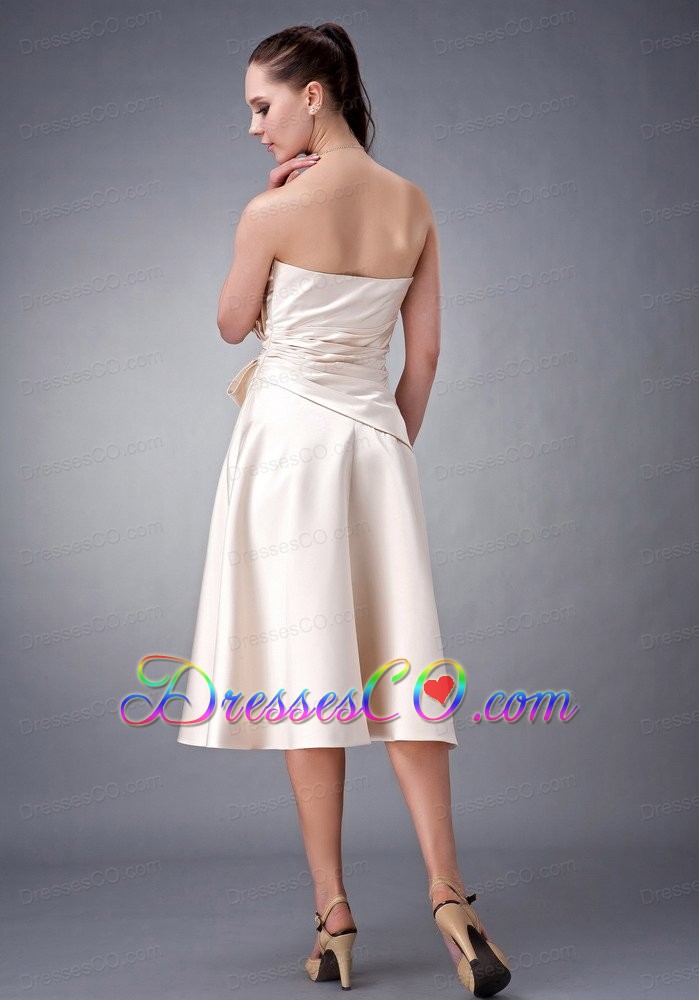 Champagne A-line / Princess Strapless Tea-length Satin Sash Bridesmaid Dress