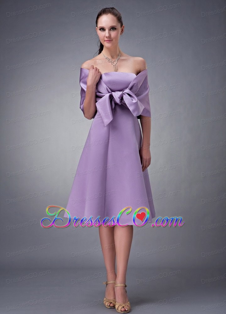 Chic Lavender A-line Strapless Bridesmaid Dress Tea-length Satin