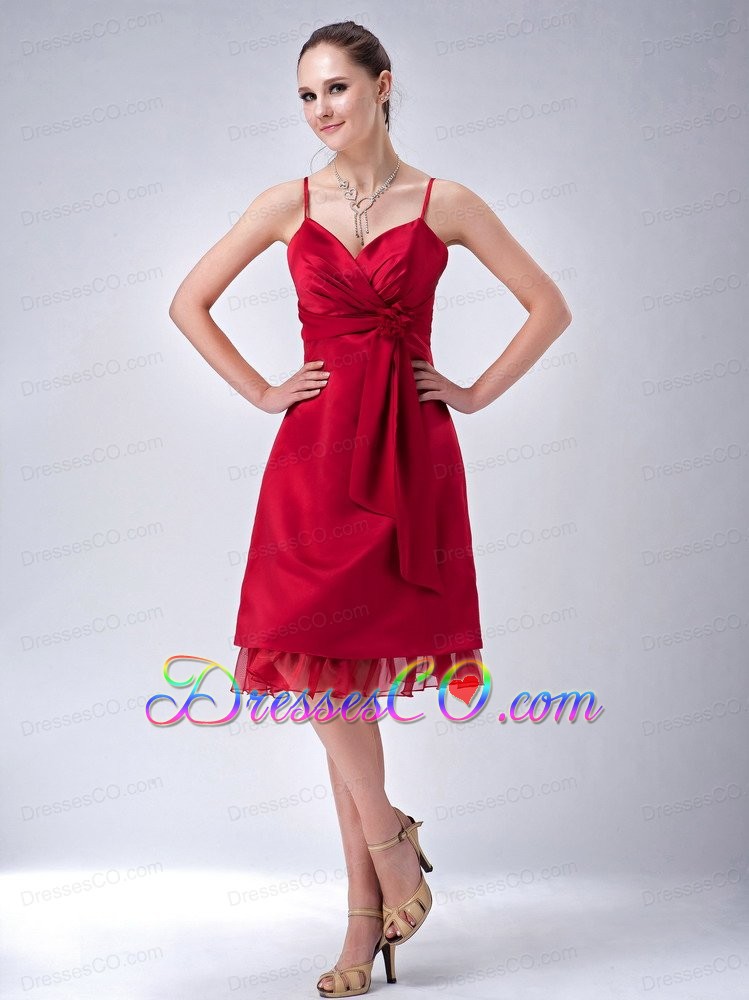 Wine Red Column / Sheath Spaghetti Straps Homecoming Dress Hand Made Flowers Knee-length