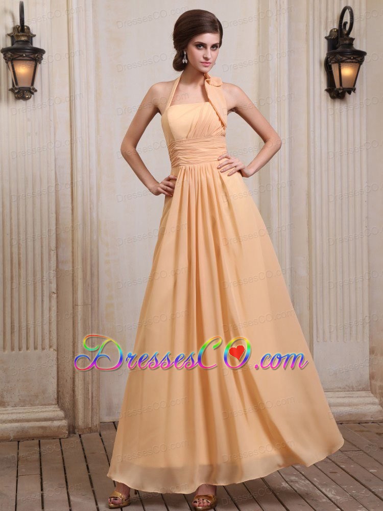 Gold Bridesmaid Dress With Halter Chiffon Ankle-length