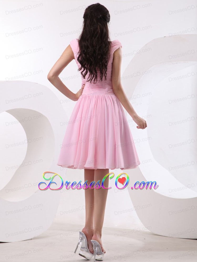 Bateau Baby Pink Prom Dress With Ruched Bodice