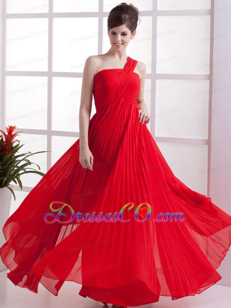 One Shoulder Red Pleated floor-lenght Empire Chiffon Prom Dress