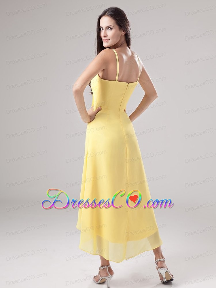 Simple Yellow Spaghetti Straps Prom Dress Beading and Ruched With Chiffon