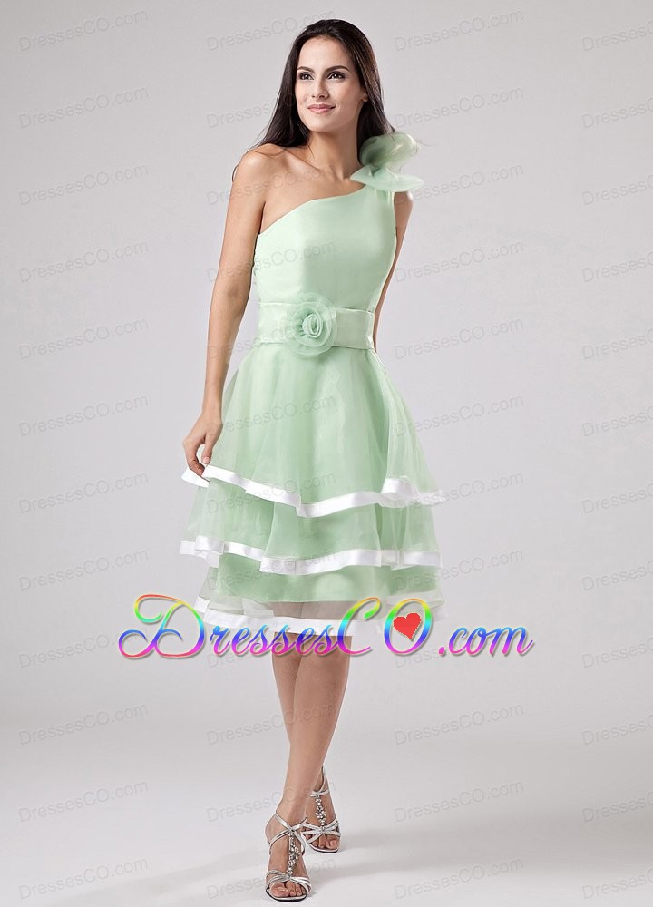 Sweet Apple Green Ruffled Layers Prom Dress One Shoulder Hand Made Flowers and Sash