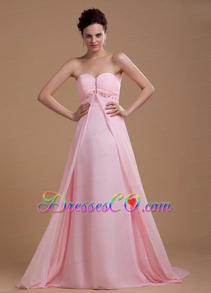 Baby Pink Prom Dress With Beaded Court Train Chiffon