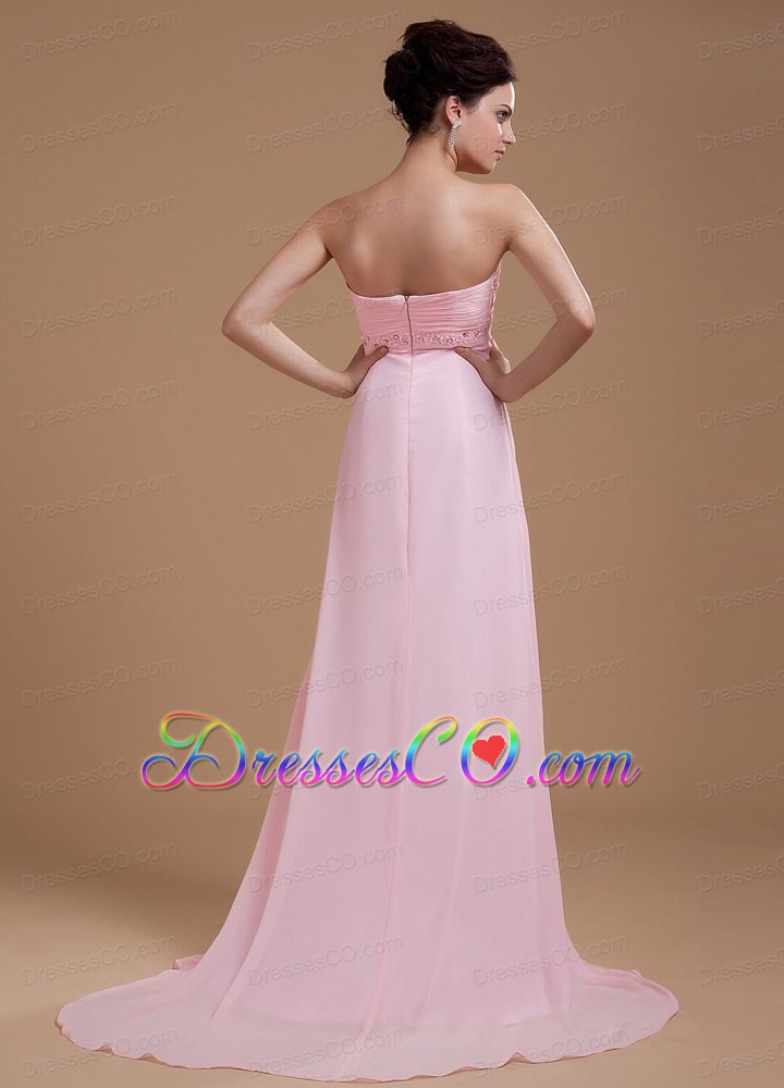 Baby Pink Prom Dress With Beaded Court Train Chiffon