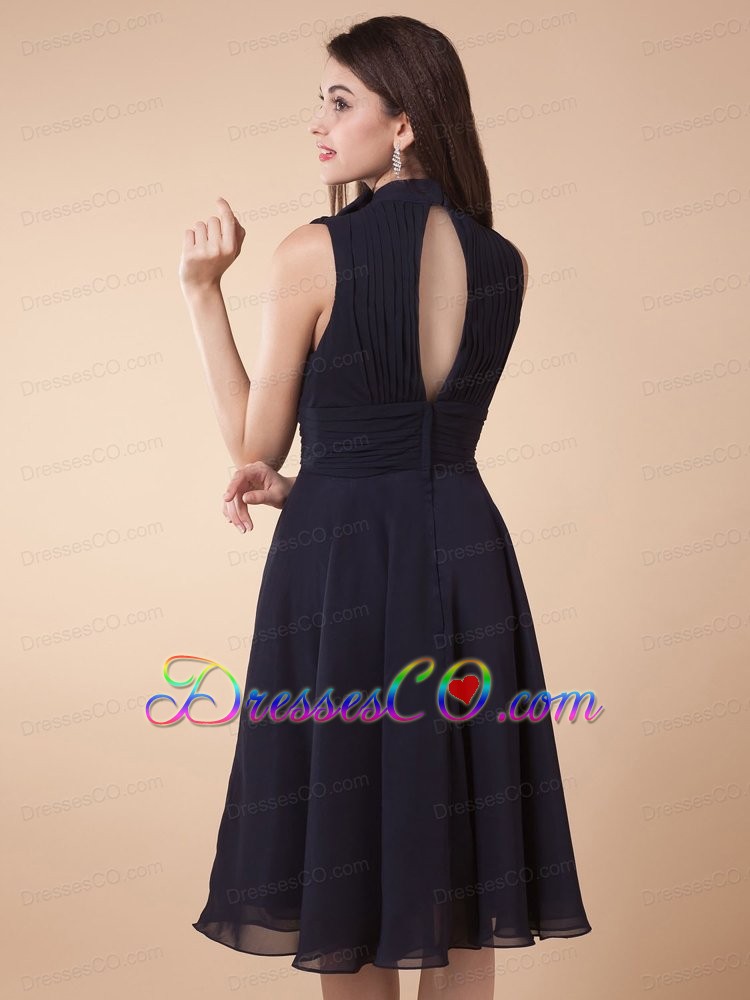 High-neck and Ruched Bodice For Custom Made Navy Blue Prom Dress
