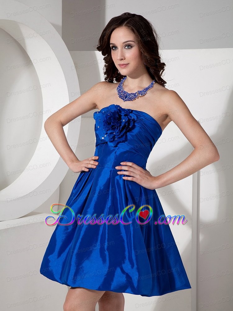 Modest Royal Blue A-line Strapless Homecoming Dress Taffeta Hand Flowers Mini-length