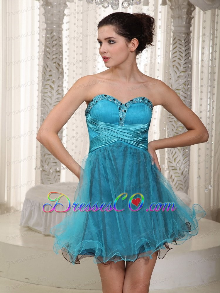 Teal A-line Mini-length Tulle Beading Prom / Cocktail Dress