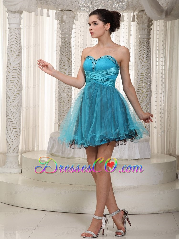 Teal A-line Mini-length Tulle Beading Prom / Cocktail Dress
