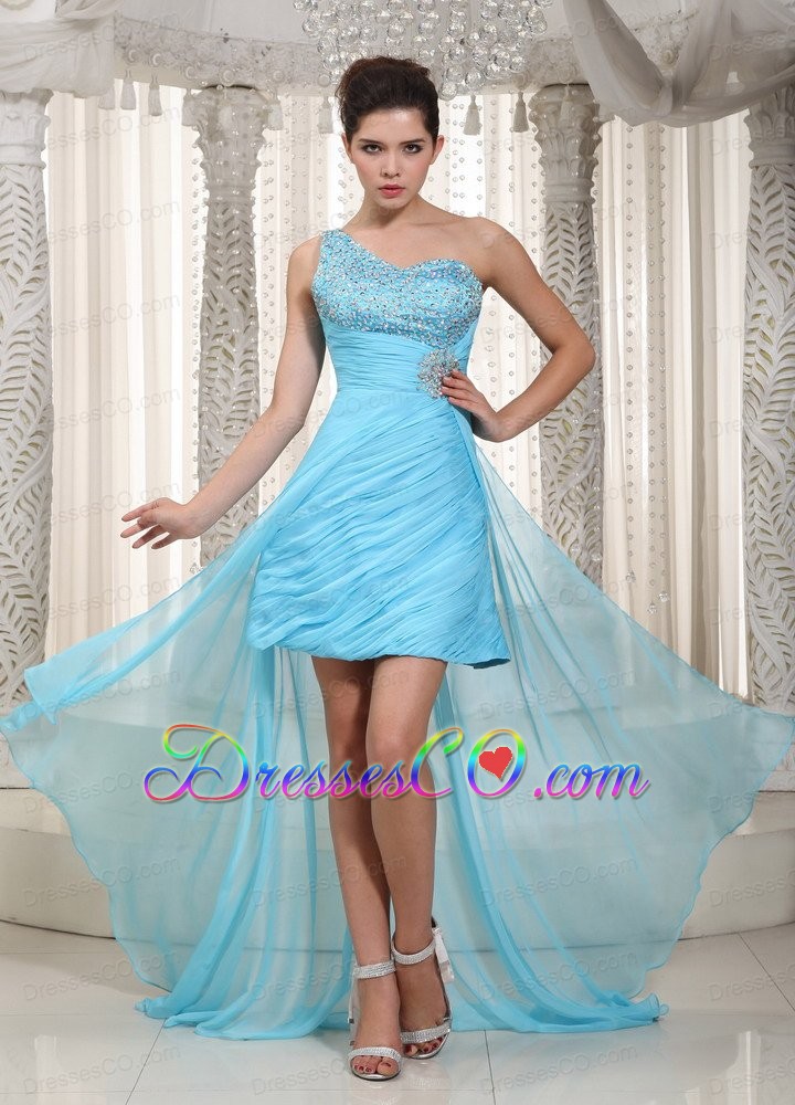 Aqua Blue A-line One Shoulder High-low Taffeta and Chiffon Beading Prom Dress